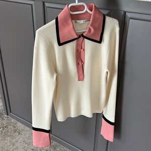 Alice + Olivia Cream Long Sleeve Polo Top with Pink & Black Trim